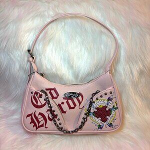 NEW Ed Hardy Shoulder Bag Pink Love Kills Slowly Sequin Red Heart
